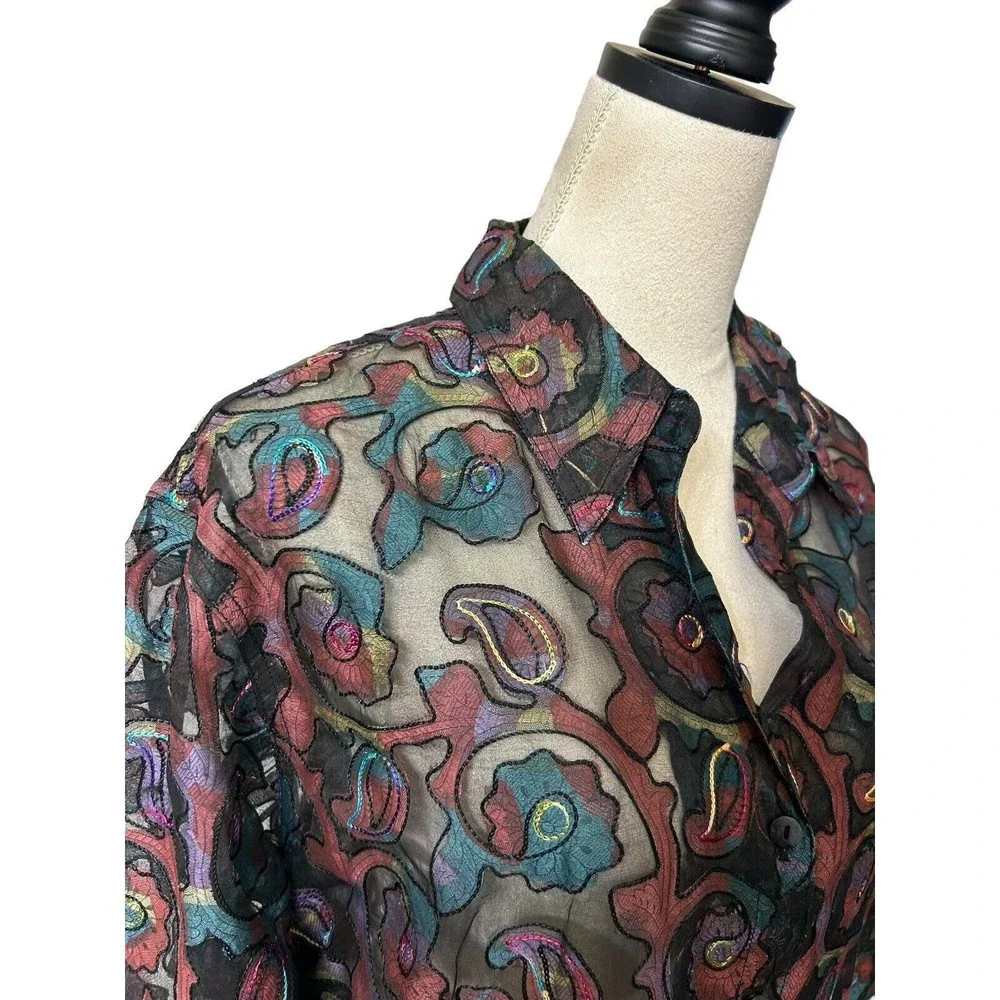 Chico's Design Vintage 90s Sheer Burnout Paisley Silk Blend Embroidered Top Sz 3